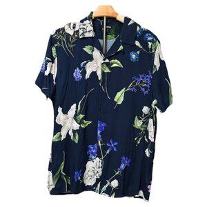 Express Men's Tropical Shirt Green White Blue Floral Hawiian To;p Button Down LG